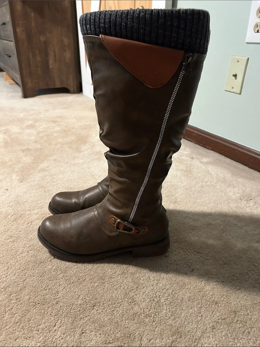 Women's Tall Brown Faux-Leather Fashion Boots with Knit Cuff